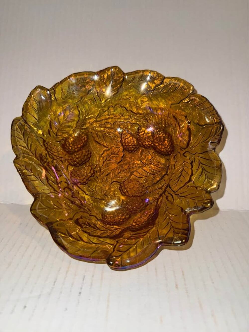 Imperial Glass Blackberry Leaf Marigold Iridescent Amber Carnival Glass 8" Bowl
